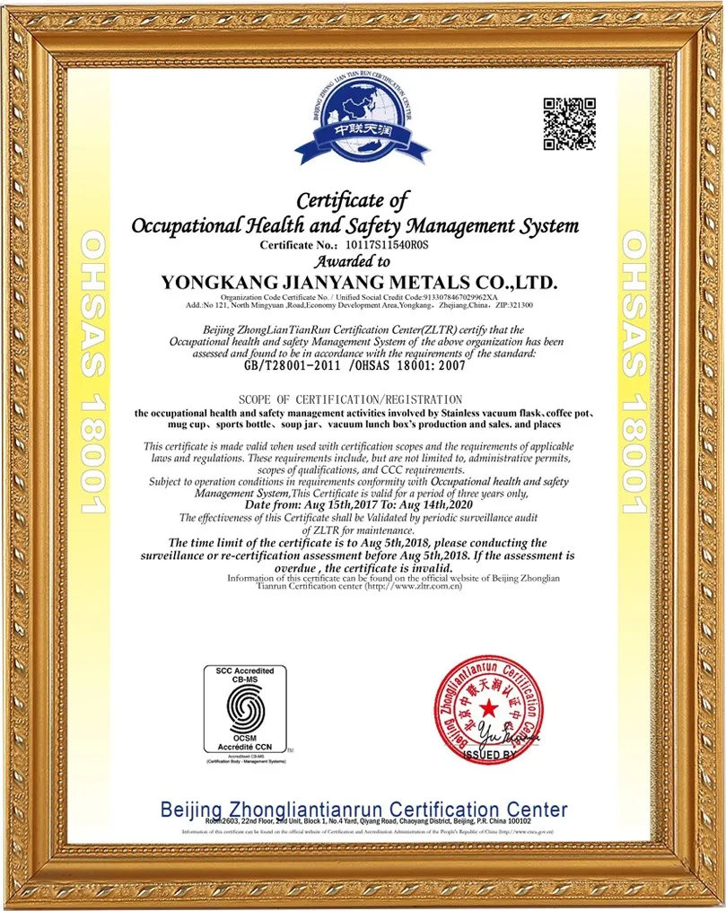 Yongkang Jianyang Metals WCA Workplace Conditions Assessment Certificate
